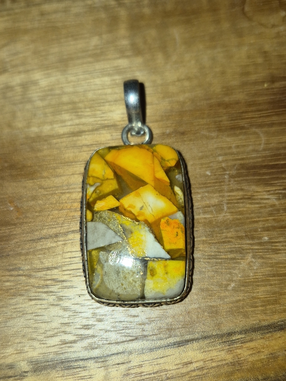 Yellow Jasper Mosaic Rectangle Sterling Silver Pendant
